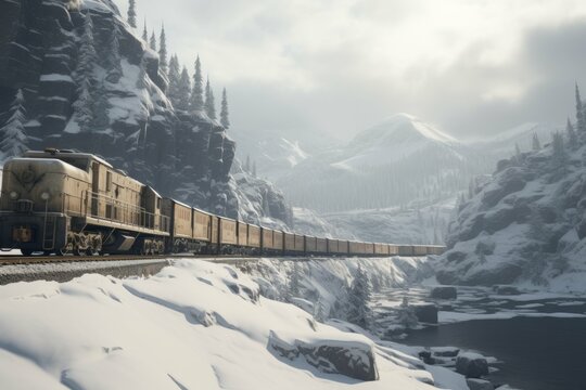 Cargo train passing through a snowy mountain pass.