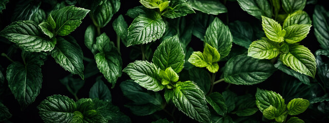 Green plant with leaves that are shiny and serrated edge it is close up of mint leaf. - obrazy, fototapety, plakaty