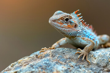 Blue lizard with orange markings on its back sits on rock.