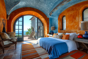 Bedroom with large bed and windows that open to the sea.