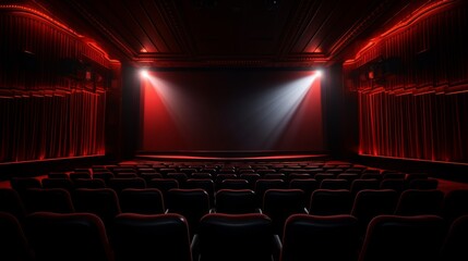 Fototapeta premium realistic view from the last rows on the light screen of the cinema, with modern design, in the dark