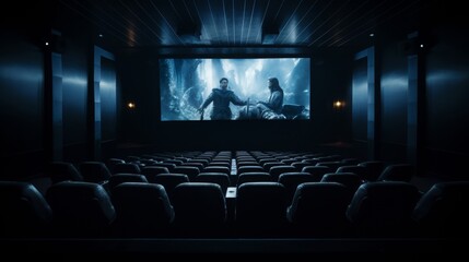 realistic view from the last rows on the light screen of the cinema, with modern design, in the dark