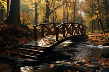 Wooden footbridge over a tranquil stream in a forest with fall foliage.