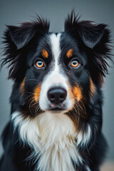 Dog with blue eye and brown ear looks into the camera.