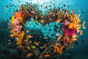 Fototapeta na wymiar A mesmerizing heart shaped coral reef teeming with vibrant fish swimming in the crystal-clear waters, A heart-shaped reef teeming with colorful underwater life, AI Generated