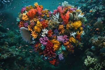Fototapeta na wymiar A stunning arrangement of corals and sea stars intricately shaped into a heart, A heart-shaped reef teeming with colorful underwater life, AI Generated