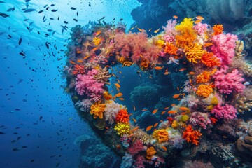 A beautiful heart shaped wreath made entirely of vibrant corals and delicate seaweed, A heart-shaped reef teeming with colorful underwater life, AI Generated