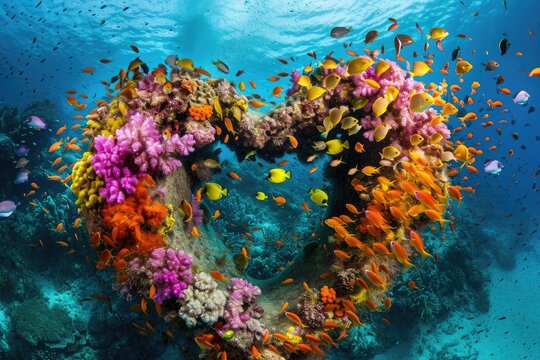 An underwater photo capturing a stunning heart-shaped coral formation found in the ocean, A heart-shaped reef teeming with colorful underwater life, AI Generated