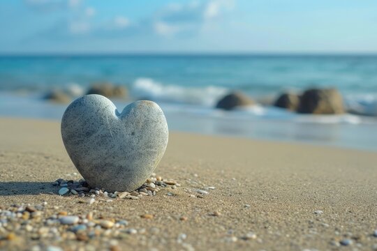 A heart shaped rock beautifully sits atop a sandy beach, depicting natures symbol of love and beauty, A heart-shaped stone balanced on a tranquil beach, AI Generated