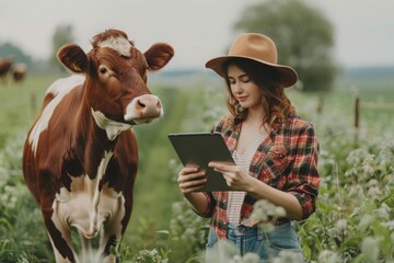 Agriculture and technology concept. Female farmer with tablet standing by cow at cattle farm. - Powered by Adobe