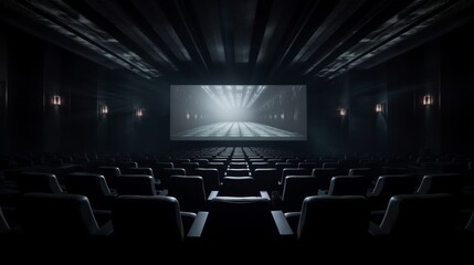 realistic view from the last rows on the light screen of the cinema, with modern design, in the dark