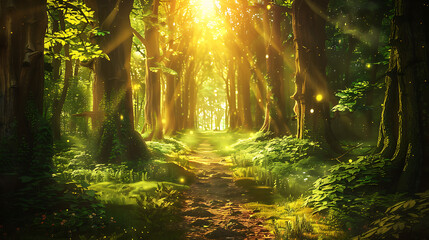A digital illustration of a mystical forest glen, where shafts of golden light filter through the trees, illuminating a hidden pathway leading to adventure. 