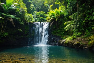 Fototapeta na wymiar Discover the tranquil allure of a small waterfall nestled amidst the dense foliage of a serene forest, A hidden waterfall surrounded by vibrant rainforest, AI Generated