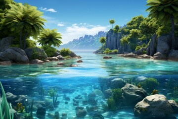Tropical island paradise with crystal clear waters and lush greenery. - obrazy, fototapety, plakaty