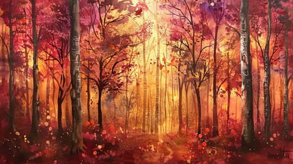 A whimsical enchanted forest, with towering trees adorned in vibrant autumnal hues of crimson, amber, and gold against a backdrop of dusky twilight skies.