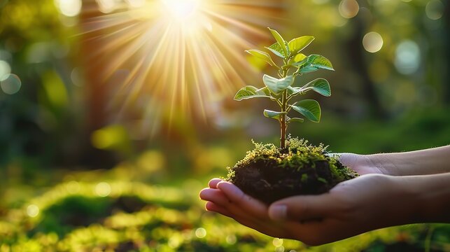 An organization that helps nature. Close-up of a hand holding a tree sapling in the morning light.