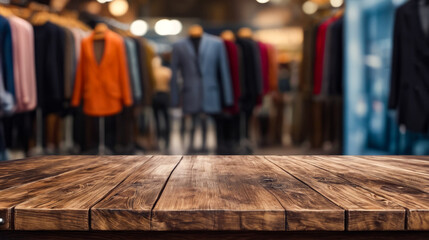Wooden table in front of long row of mannequins wearing coats and various types of clothing. - obrazy, fototapety, plakaty