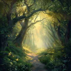 A digital illustration of a mystical forest glen, where shafts of golden light filter through the trees, illuminating a hidden pathway leading to adventure.  - obrazy, fototapety, plakaty