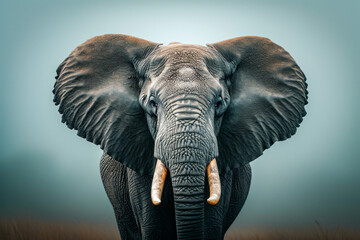 Large grey elephant with tusks and trunk.