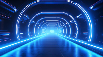 Deserted futuristic tunnel illuminated by blue neo Light
