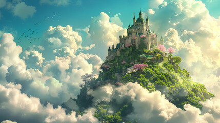 A whimsical fairytale castle perched atop a lush green hill, with turrets rising against a backdrop of azure skies and fluffy white clouds. - obrazy, fototapety, plakaty