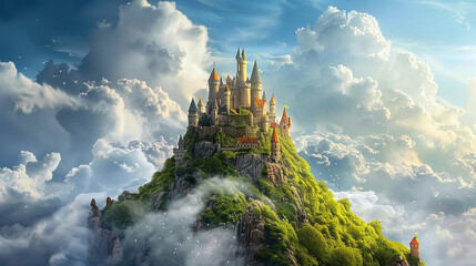 A whimsical fairytale castle perched atop a lush green hill, with turrets rising against a backdrop of azure skies and fluffy white clouds. - obrazy, fototapety, plakaty