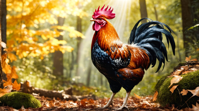 Rooster with red and yellow head stands in forest clearing.