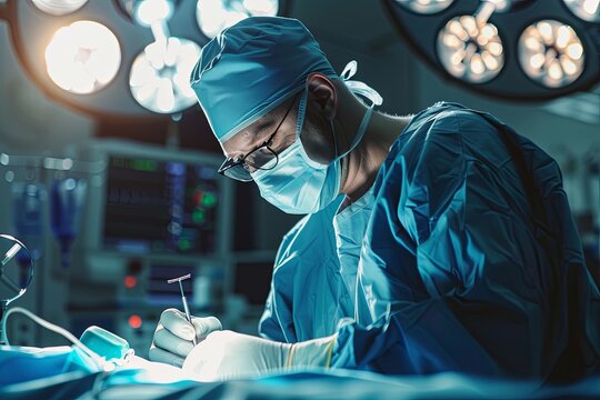 A surgeon in scrubs and gloves is seen in an operating room, surrounded by medical equipment, preparing for a surgery. Generative AI