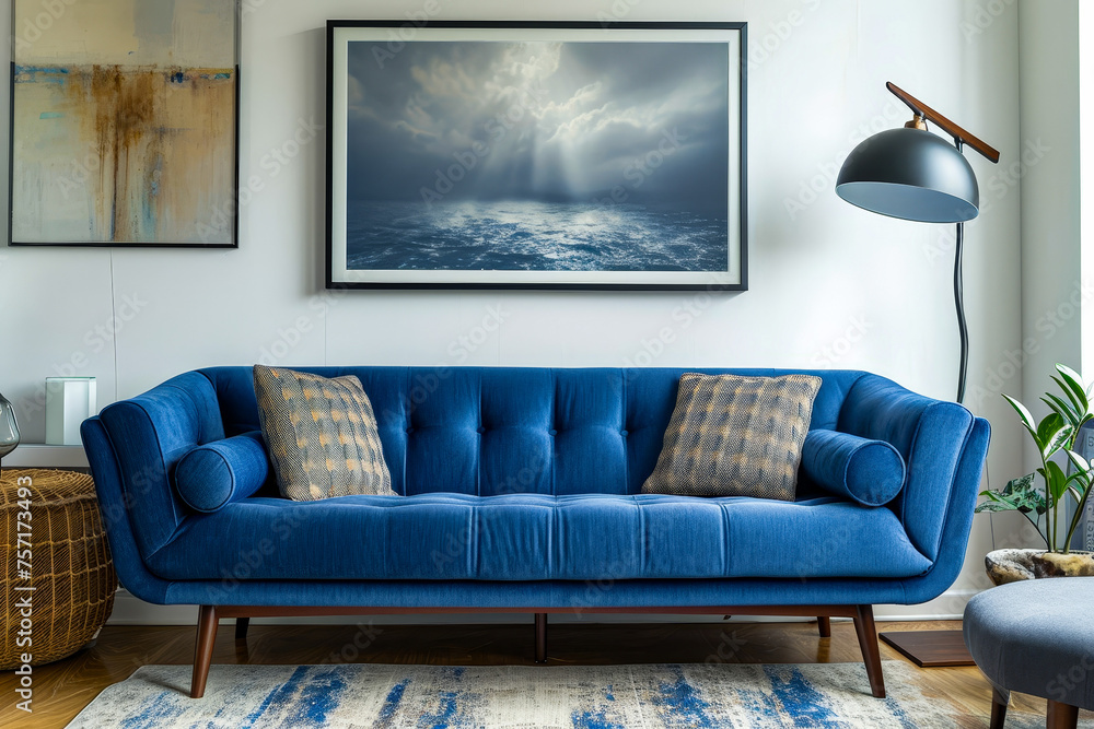 Poster blue couch sits in living room with two square pillows and painting of ocean scene above it.