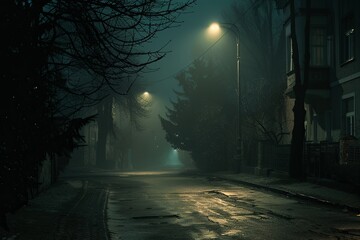 A deserted street at night with flickering street lights illuminating the surroundings. Generative AI