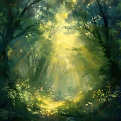 Fototapeta na wymiar A digital illustration of a mystical forest glen, where shafts of golden light filter through the trees, illuminating a hidden pathway leading to adventure. 
