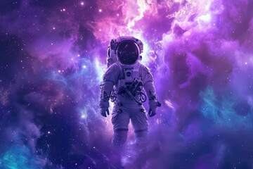 Astronaut Walking Through Clouds in Space Suit, A high-tech redesigned astronaut space suit amidst a fantastical galaxy of purples and blues, AI Generated