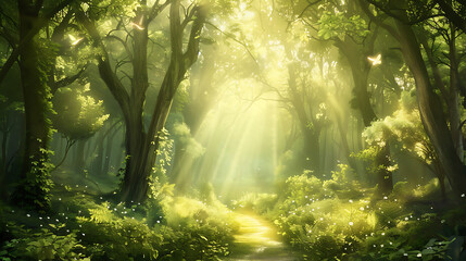Fototapeta premium A digital illustration of a mystical forest glen, where shafts of golden light filter through the trees, illuminating a hidden pathway leading to adventure. 