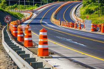 A busy road lined with a multitude of orange cones used for safety during construction work, A highway under construction with solar panel barriers, AI Generated