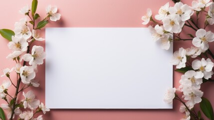 Rectangular blank white paper board, card for advertising mockup, copy space for text, vibrant, minimalistic editorial aesthetic, flowers high angle