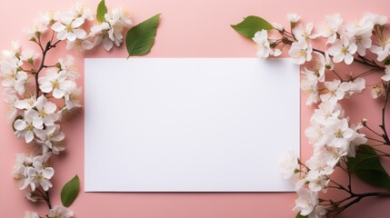 Rectangular blank white paper board, card for advertising mockup, copy space for text, vibrant, minimalistic editorial aesthetic, flowers high angle