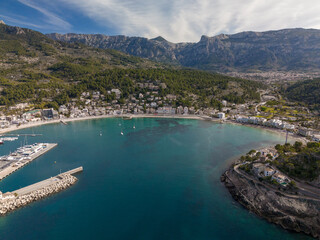 Fototapeta na wymiar The aerial view of Port de Soller, located in Mallorca, Spain,