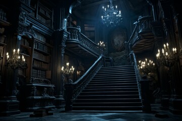 Haunted mansion with secret passageways and dusty books.