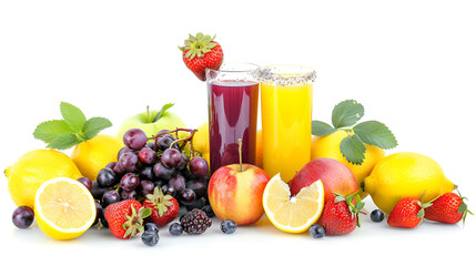 Colourful glasses of healthy fresh drinks from liquidised fruit and vegetables with an array of...