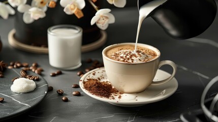 A scene capturing the moment coffee is poured into a cup with cream and sugar on the side