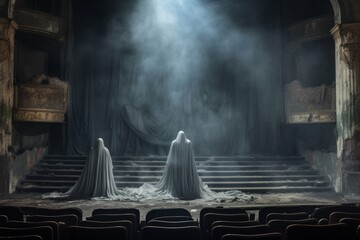 Spooky abandoned theater with ghostly figures - obrazy, fototapety, plakaty