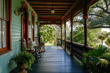 Fototapeta na wymiar The porch of a house with rocking chairs, providing a tranquil space to relax and embrace the beauty of nature, A historical colonial house with a picturesque wooden porch, AI Generated