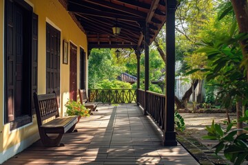 A cozy porch featuring a bench situated on the side, creating a perfect spot for relaxation, A historical colonial house with a picturesque wooden porch, AI Generated