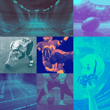 Collage of American football images with players during football game in motion and stadium. Live sport event. Monochrome. Concept of sport, competition, championship, live event and tournament