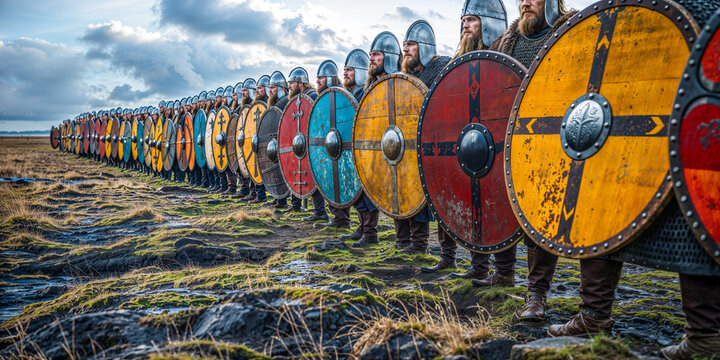 Viking warriors in shield wall line, wide banner