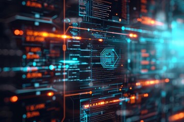 A visually striking and modern wallpaper featuring vibrant lines and dots that illuminate against a dark background, A holographic interface with codes running and data processing, AI Generated