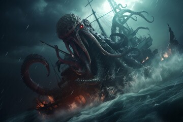 Kraken attacking ship in stormy sea - obrazy, fototapety, plakaty