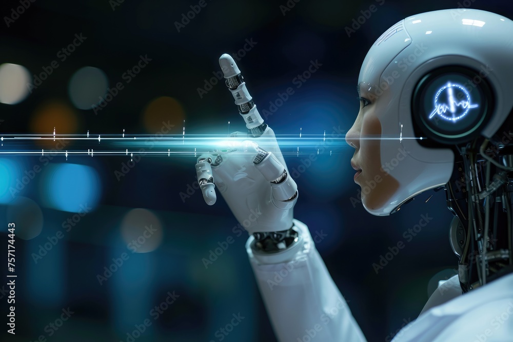 Poster a robot, equipped with advanced technology, points towards an object with precision and accuracy, a 
