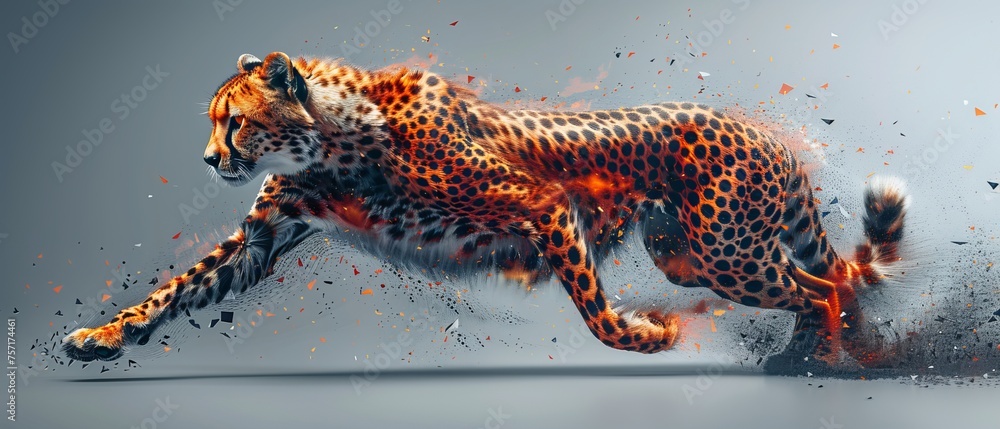 Poster cheetah in motion with mesh spheres from flying debris. gepard jumping using thin polygonal lines.