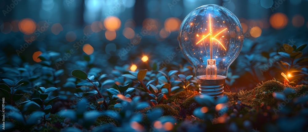 Leinwandbilder Light bulb with a wind turbine inside. Green energy concept. Low poly style with geometric wireframe connection structure. Modern 3D graphic. .